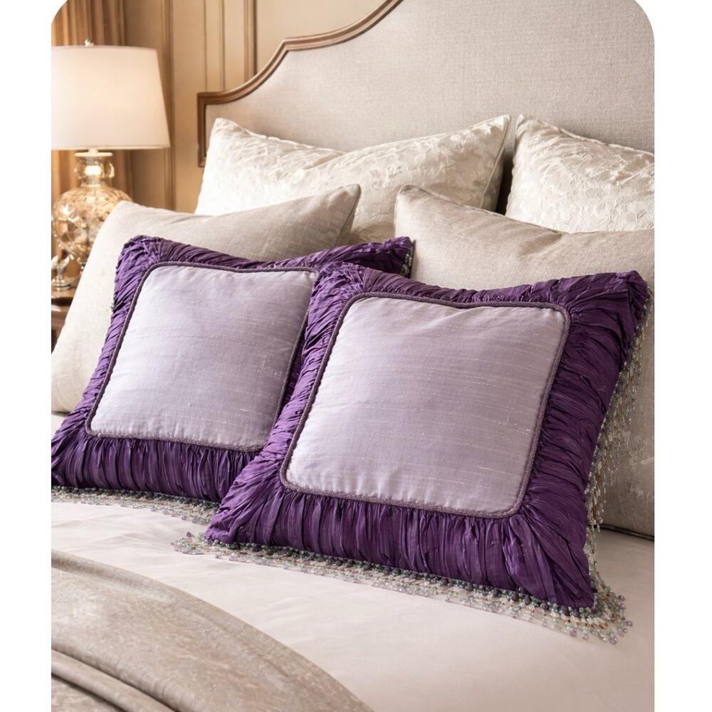 2 Handmade Silk Beaded Pillow Covers Shams Boudoir Large 24” Square Luxury